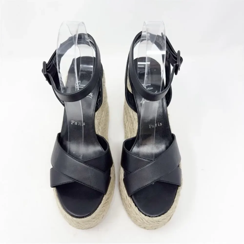 Christian Louboutin Mariza Zeppa Black Leather Wedge Sandals Womens Size EU 38